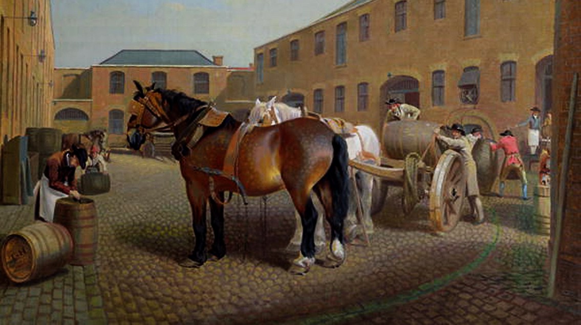 … but the site’s history goes back much further, as depicted in this painting by George Garrard of “Loading the Drays at Whitbread Brewery, Chiswell Street, London, 1793”